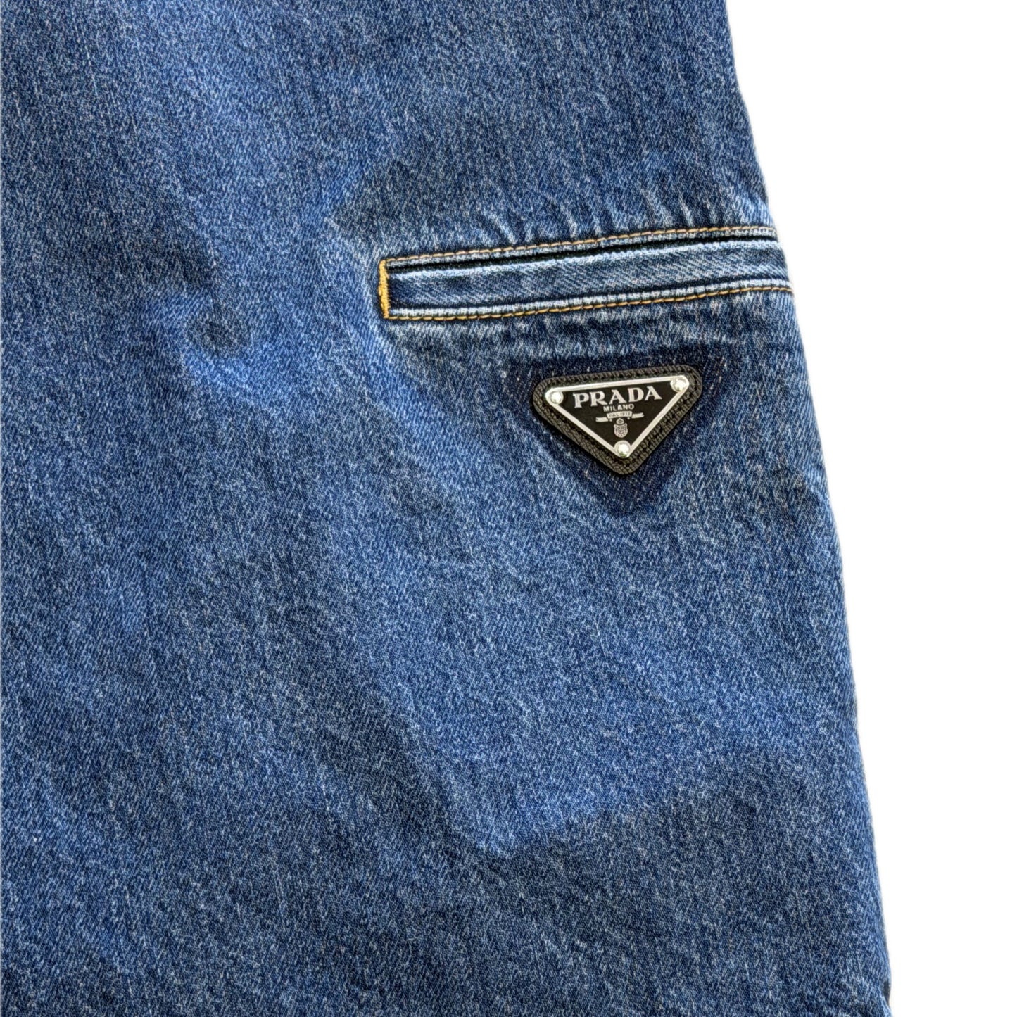Prada Triangle Logo Denim Shorts Blue