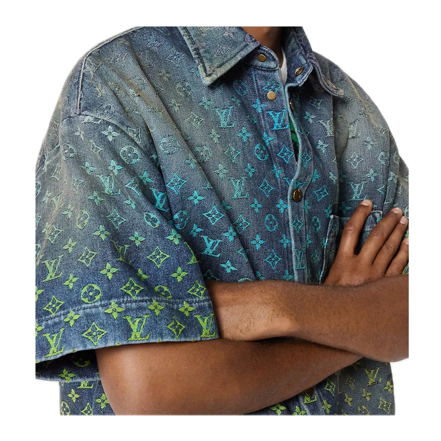 Louis Vuitton Rainbow Monogram Short-Sleeved Button Up Denim Shirt Indigo Blue
