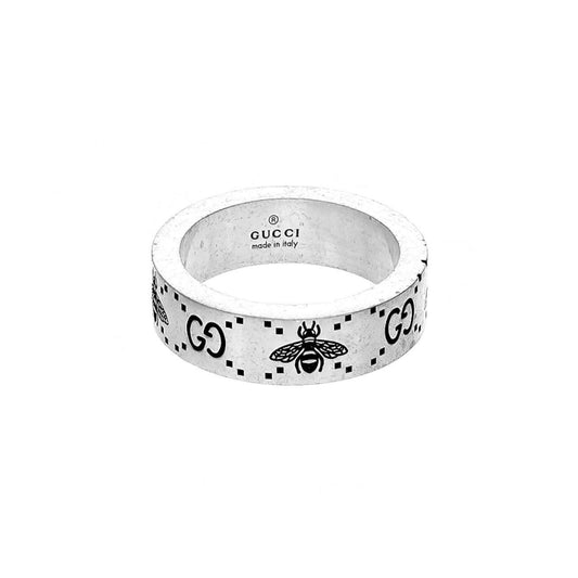 Gucci GG And Bee Engraved Silver Ring