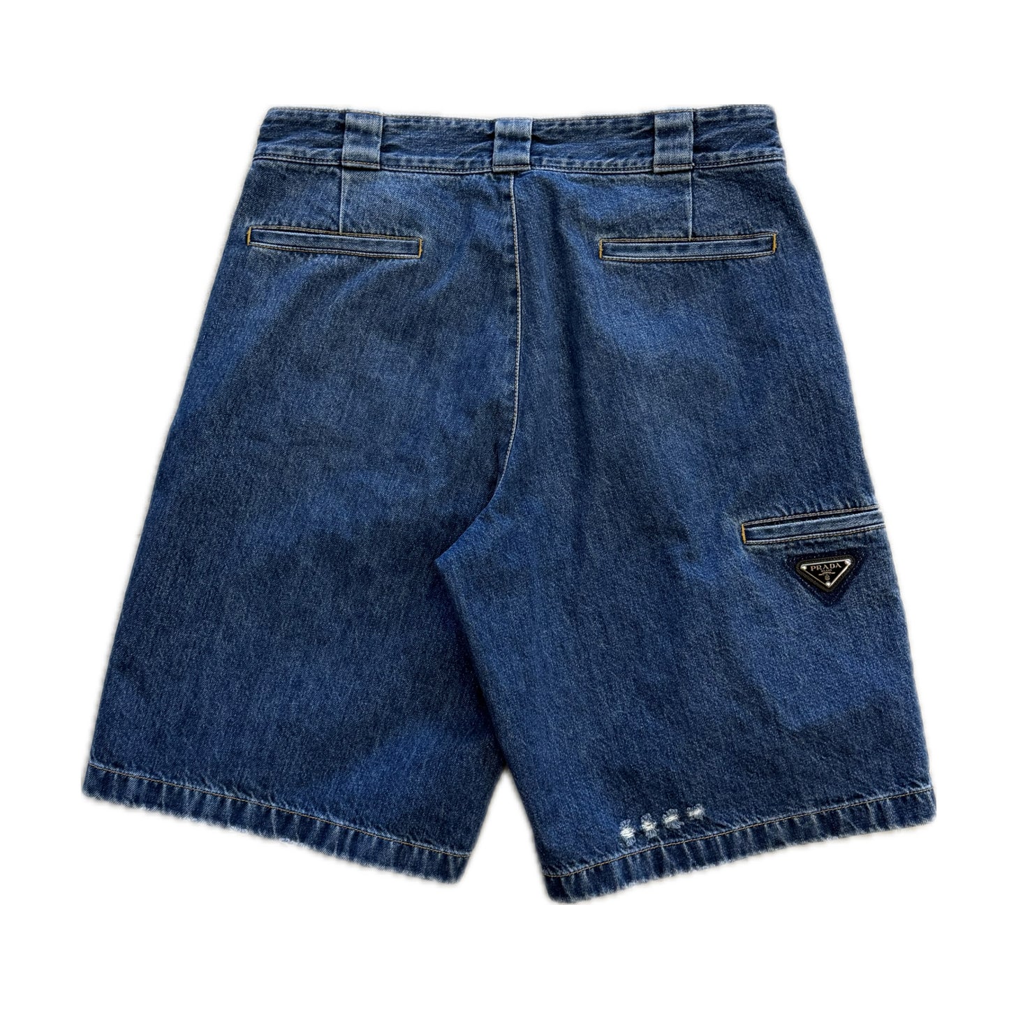 Prada Triangle Logo Denim Shorts Blue