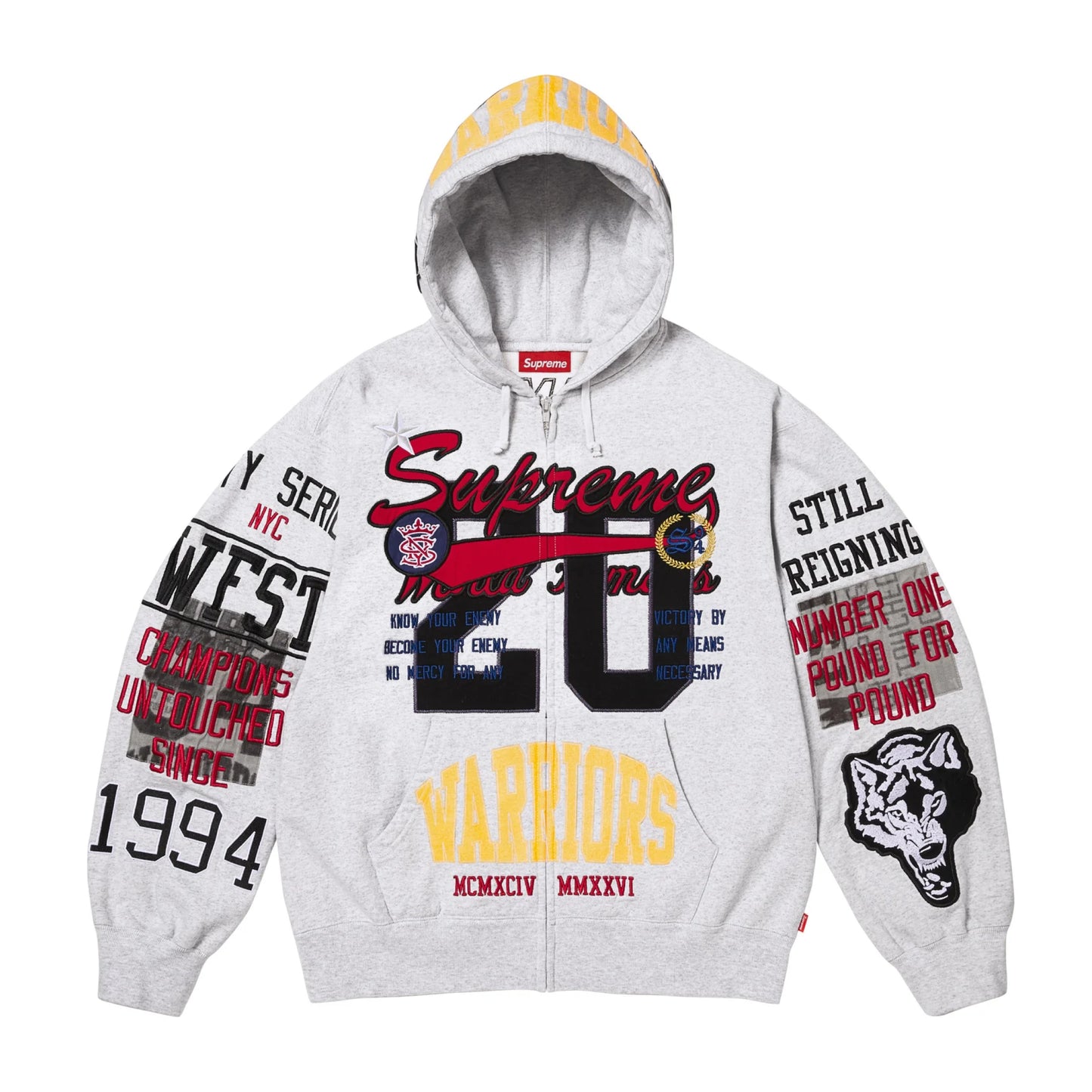 Supreme Warriors Appliqué Zip Up Hooded Sweatshirt Ash Grey