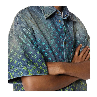 Louis Vuitton Rainbow Monogram Short-Sleeved Button Up Denim Shirt Indigo Blue