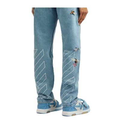 Off-White bestickte Denim-Jeans mit geradem Bein in Blau